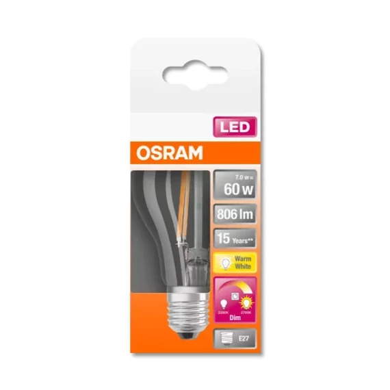 Osram Star+ GLOWdim átlátszó üveg búra/7W/806lm/2700K/E27 LED gömb izzó