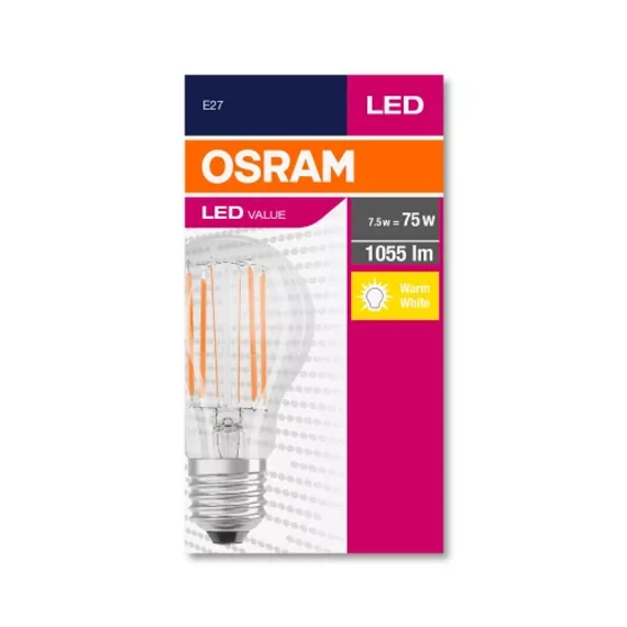 Osram Value átlátszó üveg búra/7,5W/1055lm/2700K/E27 LED körte izzó