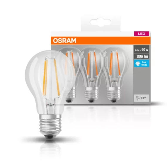 Osram Base átlátszó üveg búra/7W/806lm/2700K/E27/dobozos LED körte izzó 3 db